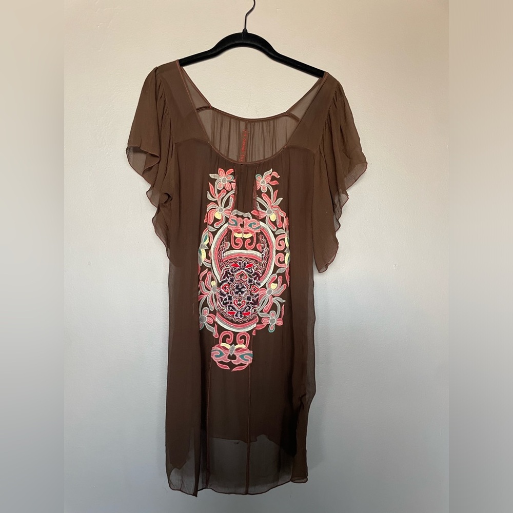 A Common thread Brown Sheer Dress with Embroidered Design